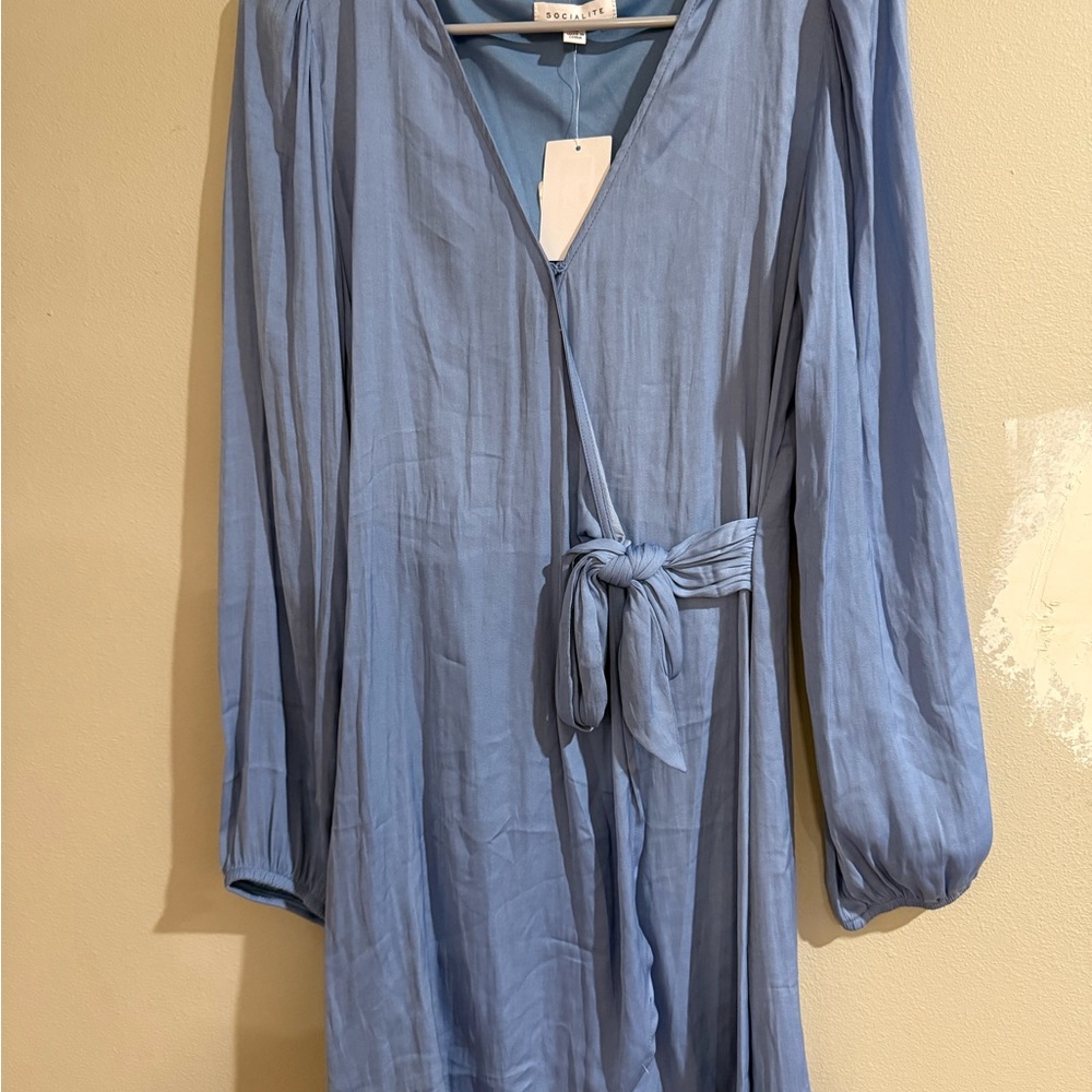 Socialite Blue V-Neck Bishop Sleeve Dress